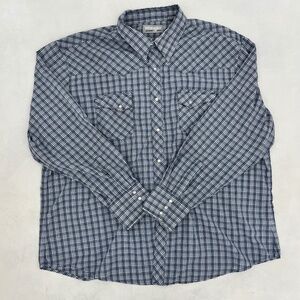 Wrangler Wrancher Mens‎ Size XXL Button Up Western Shirt Blue Gray Plaid Snap